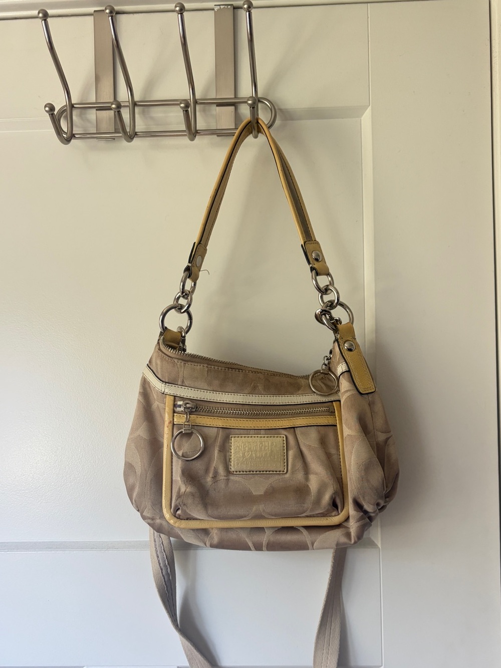 Coach Poppy Beige Signature Shoulder Bag with Yellow Trim